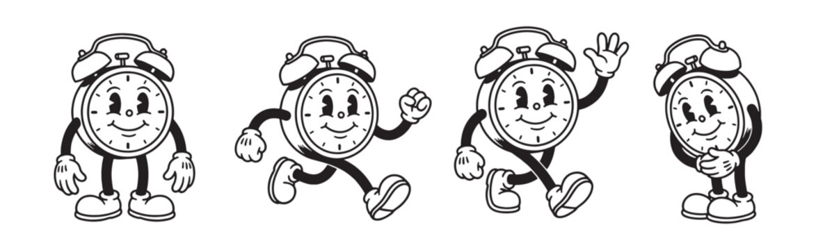 alarm clock funny cartoon mascot character in different poses
