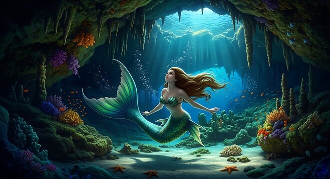 Mermaid Swimming in Underwater Cave with Fish.