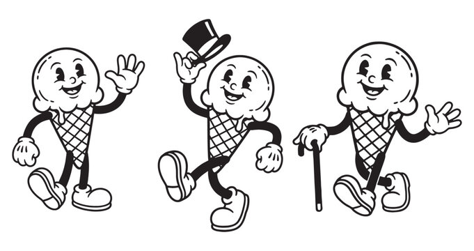 ice cream cone funny cartoon mascot character in different poses