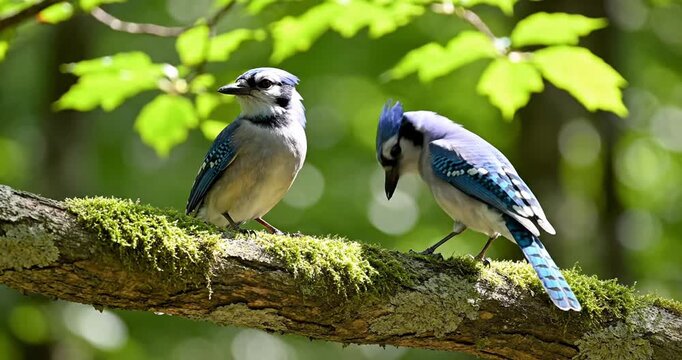 Two blue jays perched on a moss-covered branch amidst vibrant green foliage in a forest