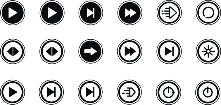 Media player control icon set featuring play, pause, stop, forward, rewind, skip, navigation, and power buttons in bold circular monochrome vector style