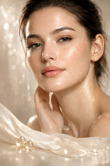 Glowing Dewy Skin Close-Up Portrait Of Woman With Hydrated Skin And Skincare Serum Droplets