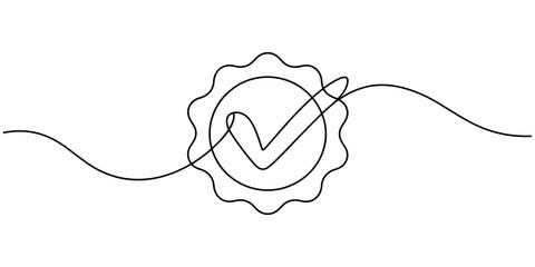 continuous line verification icon.one line drawing of star and verification check mark on social media. verification sign for artists, content creator, public figures. single line vector illustration. © Creative Tania