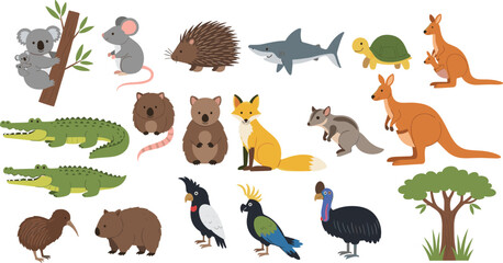 Australian Wildlife Animal Cartoon Set with Kangaroo Koala Crocodile Shark Turtle Fox and Wombat Vector © nice