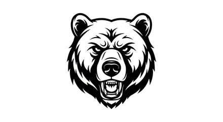 Fierce Grizzly Bear Head Logo, Black and White Roaring Animal Illustration