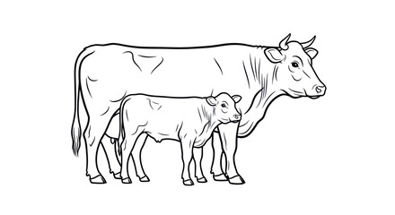 Obraz premium Mother Cow and Calf Line Drawing - Farm Animals Illustration