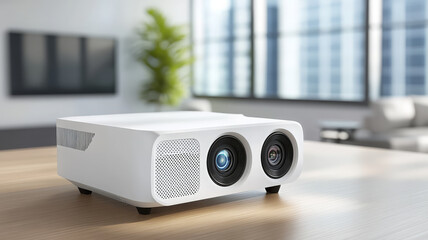 White projector on wooden table in modern office, sunlight, technology, clean, professional