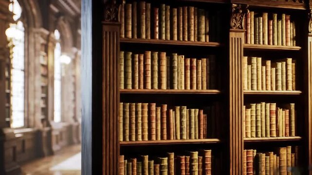 A large wooden bookcase filled with old books stands prominently in a grand library, creating a scholarly atmosphere.