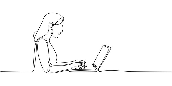 Woman working on a laptop in one line art style. Drawing of a faceless person using a computer with editable black stroke on a white background. Vector illustration.