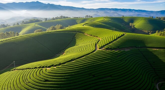 Rolling hills of tea fields stretch across the landscape, with neatly arranged rows of lush green tea plants creating a wave-like pattern
