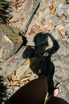 Person's Shadow on Rocky Ground Among Autumn Leaves in the Sunlight