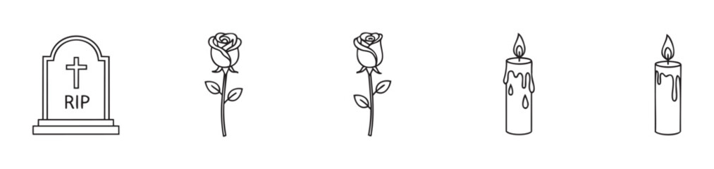 Obraz premium Collection of memorial icons featuring a tombstone, roses, and burning candles, perfect for solemn occasions, remembrance events, funeral service graphics, and spiritual observances.