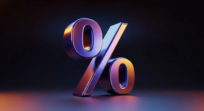 Shining 3d percent sign in dark room with technology gradient effects