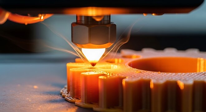A close-up shot of a 3D printer nozzle extruding molten plastic to create an orange gear, highlighting the additive manufacturing process.
