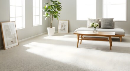 Fototapeta premium Bright and airy living room with natural light streaming through large windows, featuring a minimalist sofa, wooden coffee table, and potted plant