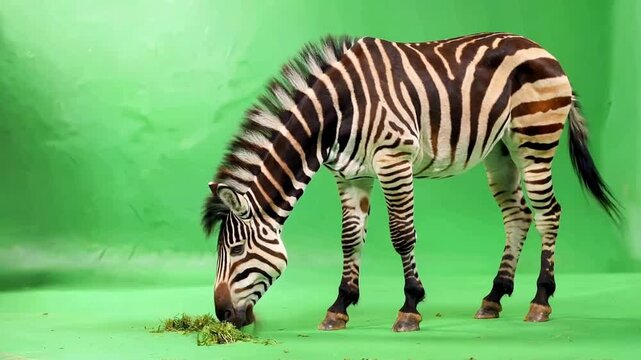 zebra eating grass on green background