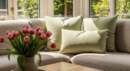Naklejka premium A cozy and inviting sofa is adorned with soft sage green pillows, complemented by a beautiful vase of vibrant pink tulips in a sunlit living space.