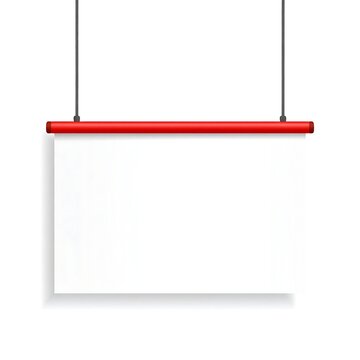A blank white sign with a red border hanging from two black wires