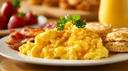 Delicious breakfast plate with scrambled eggs, bacon, and biscuits
