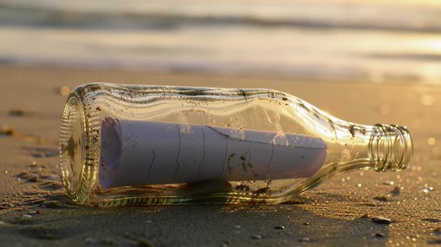 A clear glass bottle with a rolled-up message inside rests on the sandy beach at sunset.
