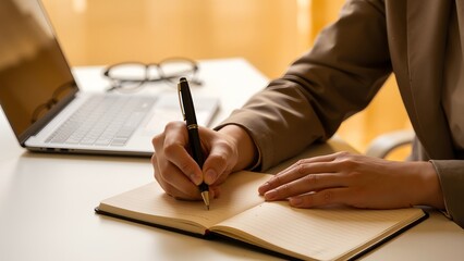 Person writing in notebook at desk