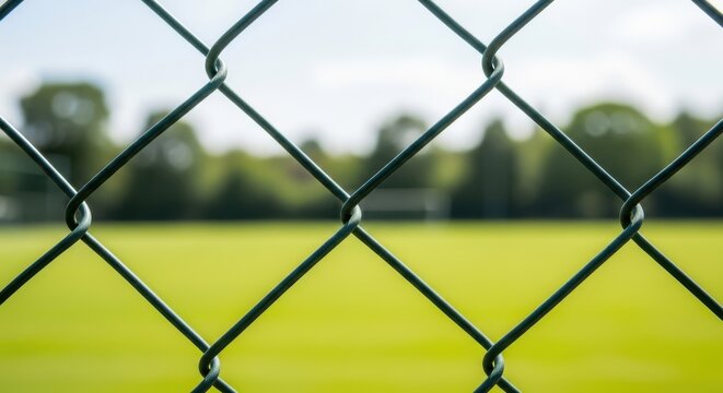 Closeup of a green chain link fence in front of a grassy field with trees