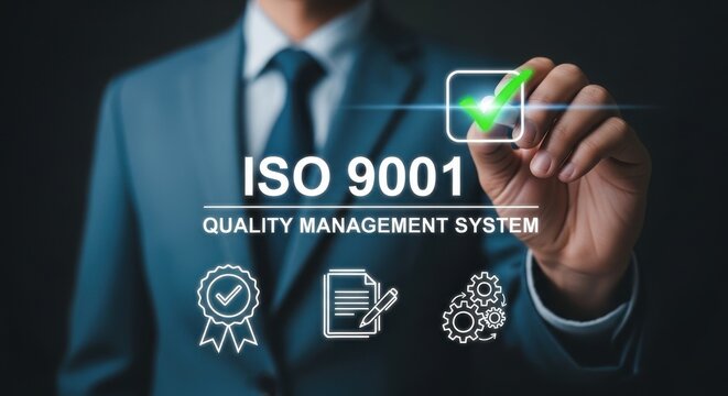 Businessman in blue suit holding green checkmark for iso 9001 quality management