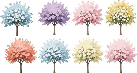 Set of Eight Colorful Flowering Tree Vector Illustrations in Various Shades of Pink Blue Purple and Yellow for Garden Landscape Design and Seasonal Floral Decor © MDASIKUL