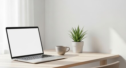 Fototapeta premium Laptop on a wooden desk with a plant and coffee cup in a bright workspace