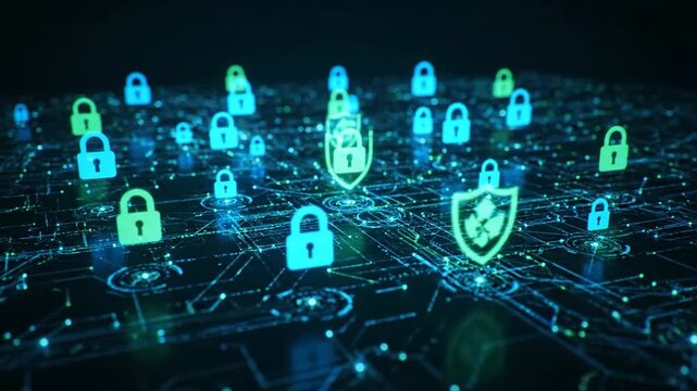 Digital locks and shields are displayed on a dark blue circuit board background, representing cybersecurity.