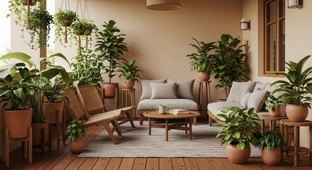 Fototapeta premium Inviting and tranquil urban balcony garden adorned with abundant green potted plants and stylish natural wooden lounge furniture for serene relaxation