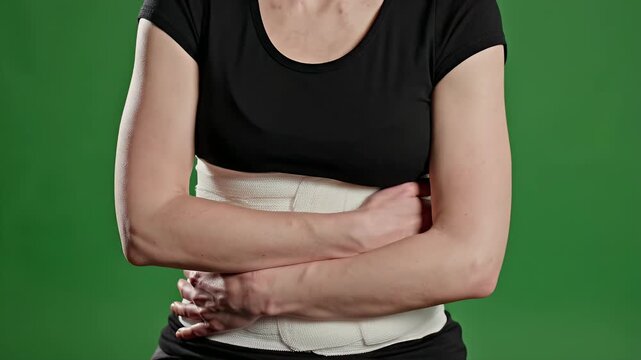 Person Wearing Black Shirt and White Abdominal Wrap Holding Stomach in Pain Isolated on Green Screen Background