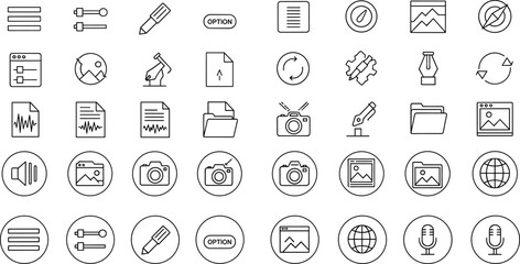 Fototapeta premium Outline User Interface and Multimedia Icon Set Featuring Files, Images, Audio, Camera, Settings, Tools, and Navigation Symbols for Web and App Design Systems
