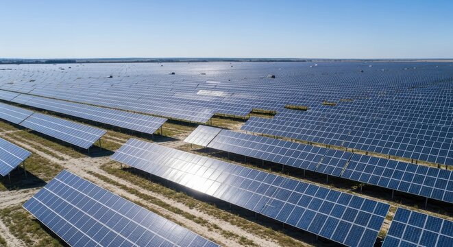 A large solar panel farm under a clear blue sky with sun reflection