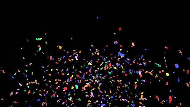 3d animation of multicolored confetti falling on transparent background, anniversary, birthday or wedding celebration. Video with alpha channel