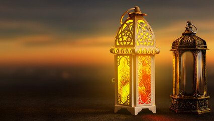 Fototapeta premium Two traditional Arabic lanterns glowing at dusk against a soft sunset sky. Perfect for Ramadan Kareem, Eid Mubarak, and Islamic holiday greetings. Plenty of copy space