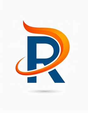 Elegant Blue Letter R Logo with Dynamic Orange Swirl Design for Branding.