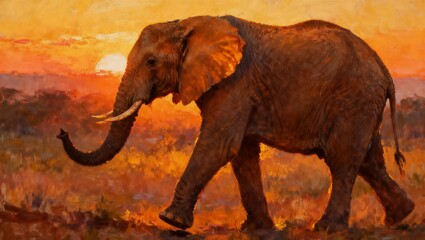 夕焼けに歩む象の温かな油彩画