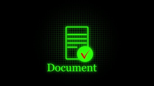Glowing Neon Green  Document Download Icon with Checkmark, Digital File Transfer Animation Loop