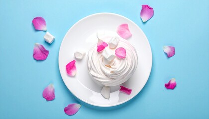 Obraz premium Elegant dessert with rose petals on a white plate, blue background, top view.