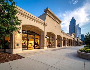 Fototapeta premium Elegant Commercial Building with Arched Entrances and Modern City Skyline in the Background.
