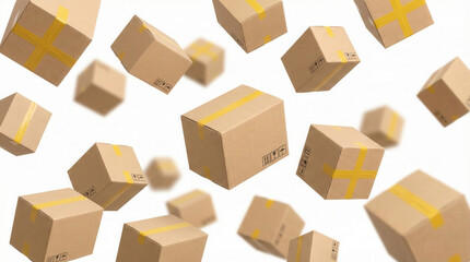 Fototapeta premium Falling brown cardboard delivery boxes with yellow tape on a white background, representing shipping and logistics