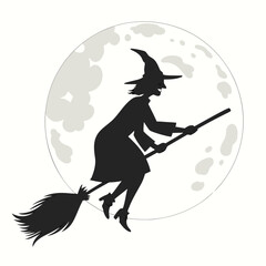 A black silhouette of a witch flying on a broomstick © Ferdou