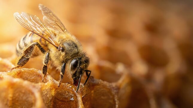 Honeybee on golden honeycomb close up with detailed wings, pollen grains and textured wax cells representing agriculture, apiculture, pollination science and biodiversity conservation