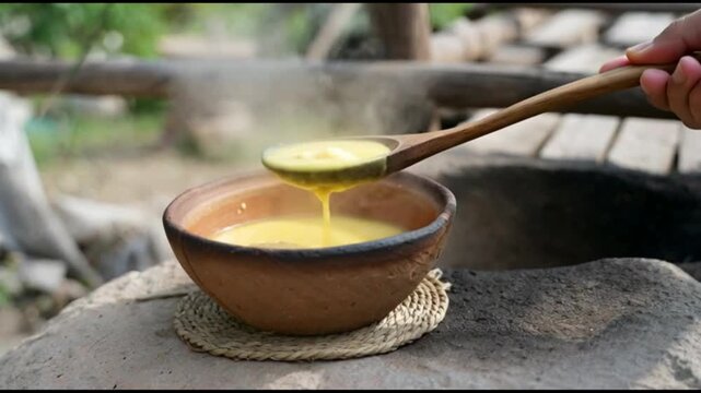Wooden spoon over a bowl of hot creamy polenta atop a woven placemat on a rustic stone surface