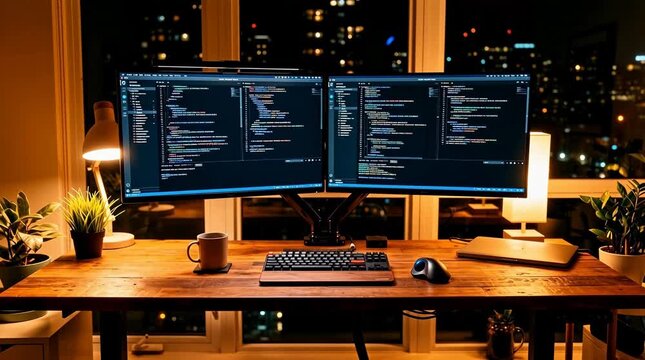 Triple monitor setup on a desk with code on screens at night with city view