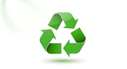 Obraz premium A shiny green 3D recycling symbol with three arrows in a triangular shape on a white background