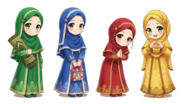 Cute Muslim Girls Chibi Illustration