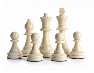 Elegant Ivory Chess Pieces Arranged on a White Surface, Ready for Strategic Gameplay.