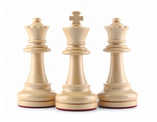 Elegant Ivory Chess Pieces - King and Queens Standing Together on White Background.